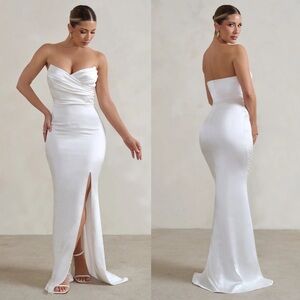 CLUB L LONDON Coraline Satin White Strapless Maxi Dress with Split Size 2 NWT